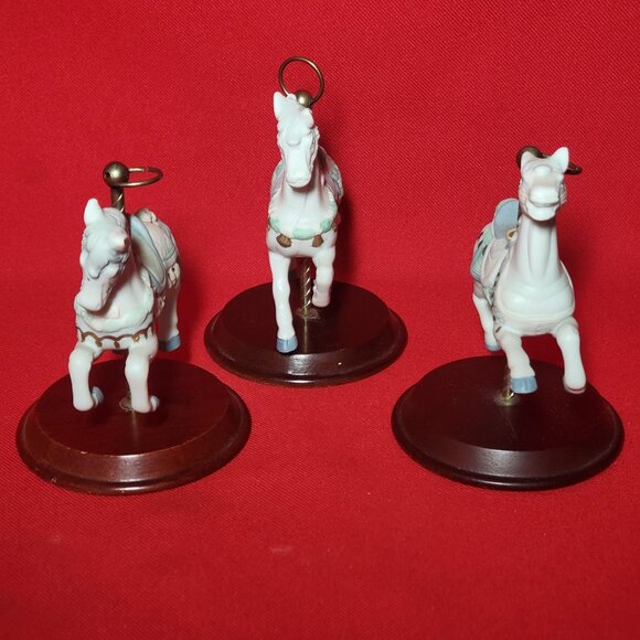 Vintage Bisque Porcelain Carousel Horse Wood Stand Lot of 3 - Picture 4 of 11